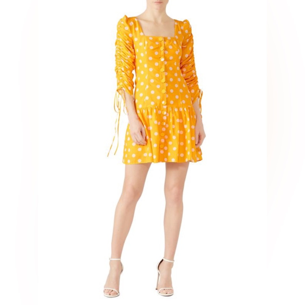 Nicholas Polla Dot Yellow & White Ruched Sleeve Button Front Dress‎ Size 6 - Picture 7 of 7